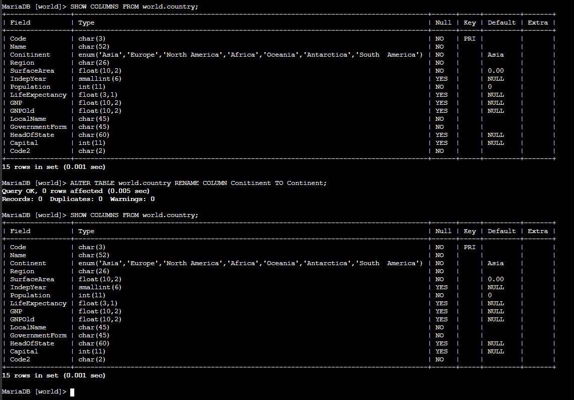 Schema before and after renaming the Continent column