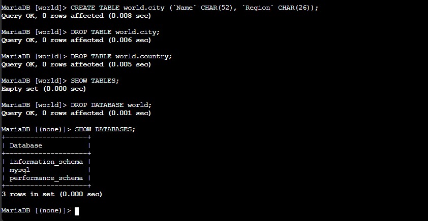 Dropping tables and the world database