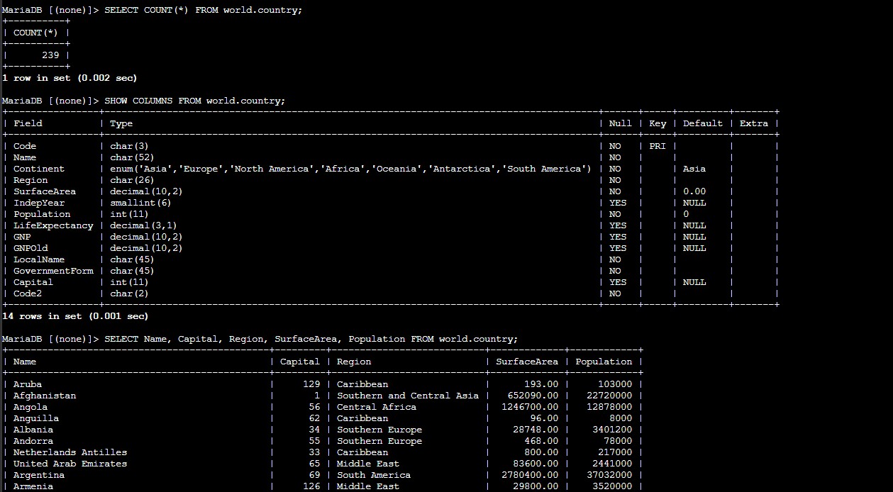 Counting rows, showing columns, and selecting specific fields