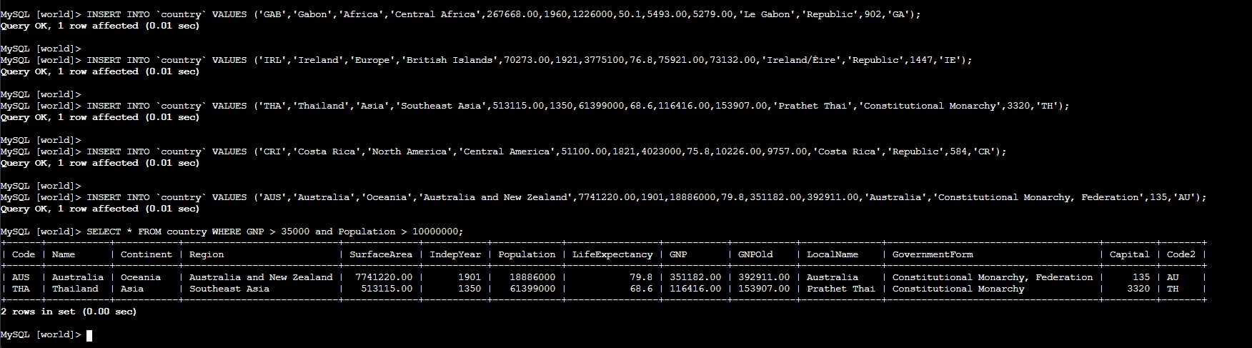 MySQL terminal showing country inserts and SELECT query results